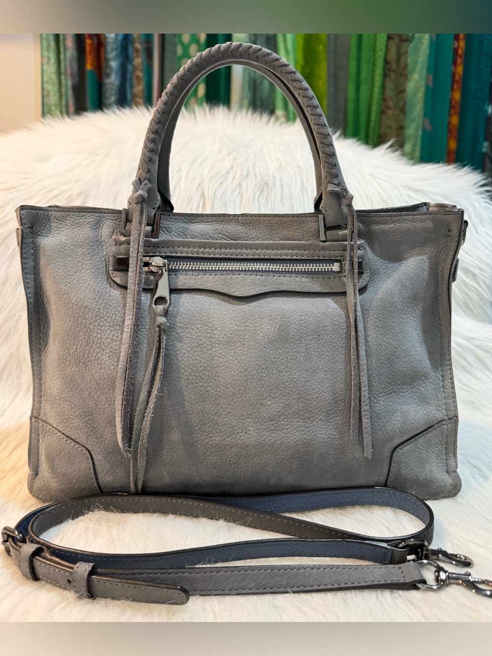 Rebecca Minkoff Regan Nubuck Leather Satchel Tote Crossbody Tassels Gray GUC